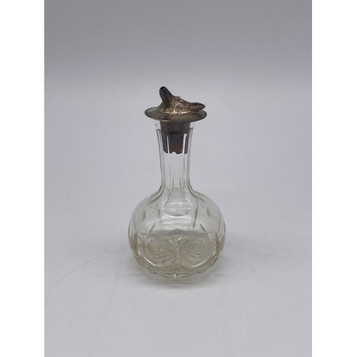 544 - SMALL GLASS ETCHED BOTTLE WITH SILVER FOX FACE MASK SPOUT