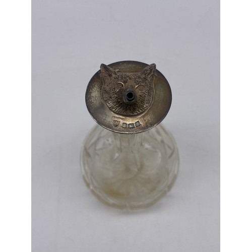 544 - SMALL GLASS ETCHED BOTTLE WITH SILVER FOX FACE MASK SPOUT