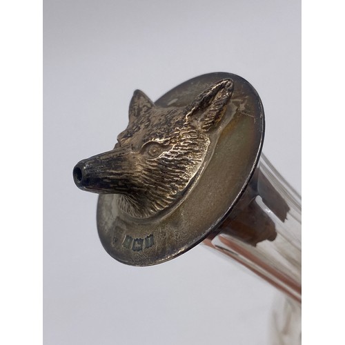 544 - SMALL GLASS ETCHED BOTTLE WITH SILVER FOX FACE MASK SPOUT