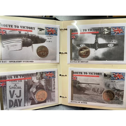 674 - FOUR A4 BINDERS OF COIN COVERS VE DAY AND 60TH ANNIVERSARY OF THE END OF WWII, PLUS THE PATH TO VICT... 