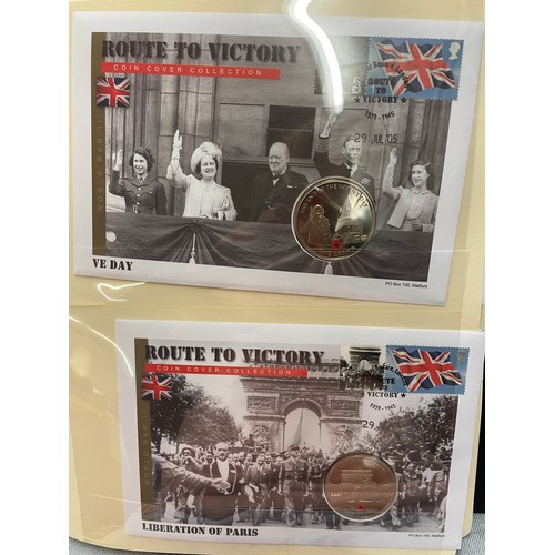 674 - FOUR A4 BINDERS OF COIN COVERS VE DAY AND 60TH ANNIVERSARY OF THE END OF WWII, PLUS THE PATH TO VICT... 