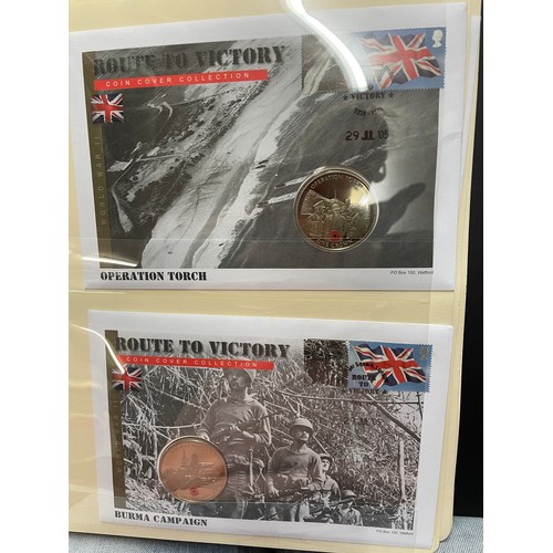 674 - FOUR A4 BINDERS OF COIN COVERS VE DAY AND 60TH ANNIVERSARY OF THE END OF WWII, PLUS THE PATH TO VICT... 