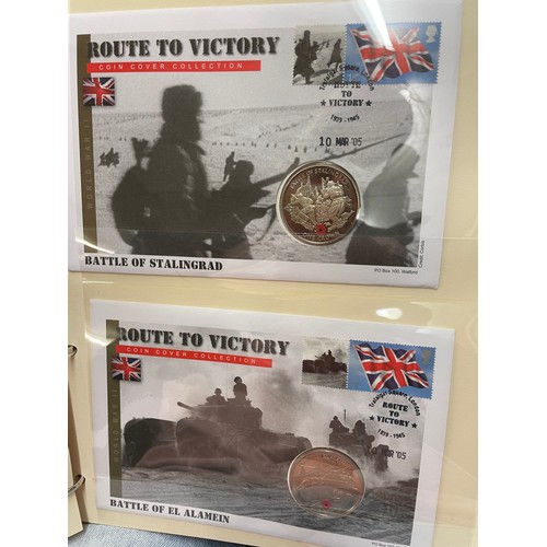 674 - FOUR A4 BINDERS OF COIN COVERS VE DAY AND 60TH ANNIVERSARY OF THE END OF WWII, PLUS THE PATH TO VICT... 