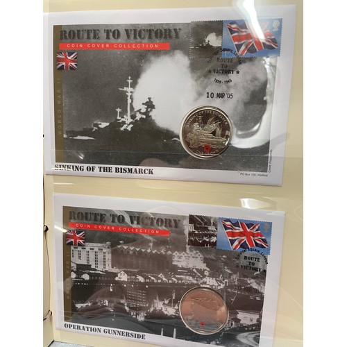 674 - FOUR A4 BINDERS OF COIN COVERS VE DAY AND 60TH ANNIVERSARY OF THE END OF WWII, PLUS THE PATH TO VICT... 