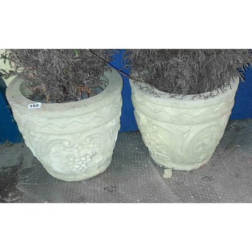 152 - PAIR OF YELLOW STONE WORK TAPERED PLANTERS