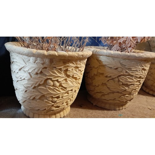 153 - PAIR OF YELLOW STONE WORK LARGER TAPERED PLANTERS WITH GADROONED EDGE