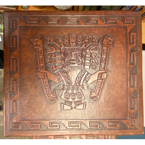 315 - LEATHER TOPPED NEST OF TWO TABLES WITH EMBOSSED AZTEC DESIGN