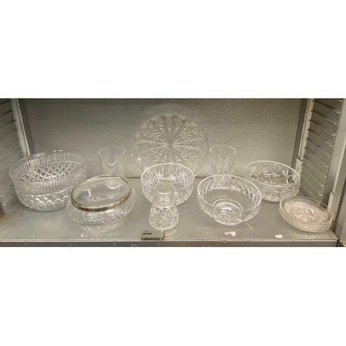 316 - SILVER RIMMED CUT GLASS FRUIT BOWL, ROYAL SCOTT CRYSTAL AND OTHER ETCHED FRUIT BOWLS AND VASES