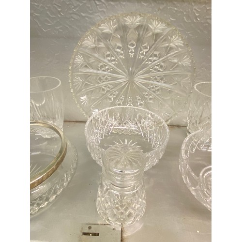 316 - SILVER RIMMED CUT GLASS FRUIT BOWL, ROYAL SCOTT CRYSTAL AND OTHER ETCHED FRUIT BOWLS AND VASES