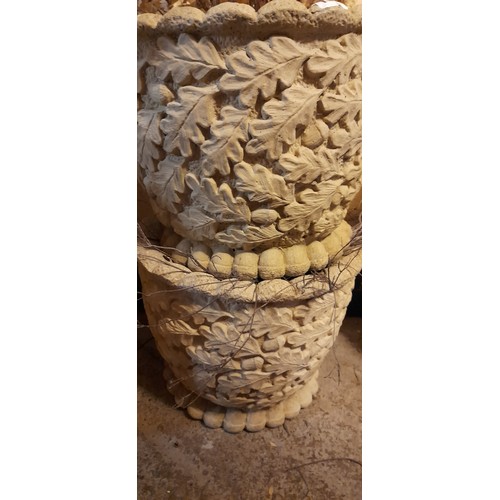 154 - PAIR OF YELLOW STONEWORK PLANTERS DECORATED WITH FRUITING ACORN AND VINE LEAVES