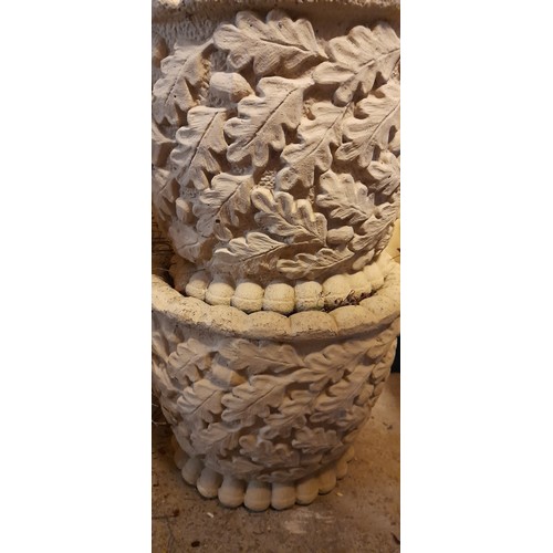 155 - PAIR OF YELLOW STONEWORK PLANTERS DECORATED WITH FRUITING ACORN AND VINE LEAVES