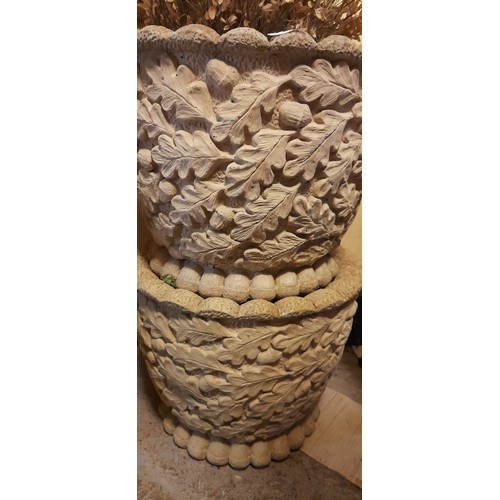 156 - PAIR OF YELLOW STONEWORK PLANTERS DECORATED WITH FRUITING ACORN AND VINE LEAVES