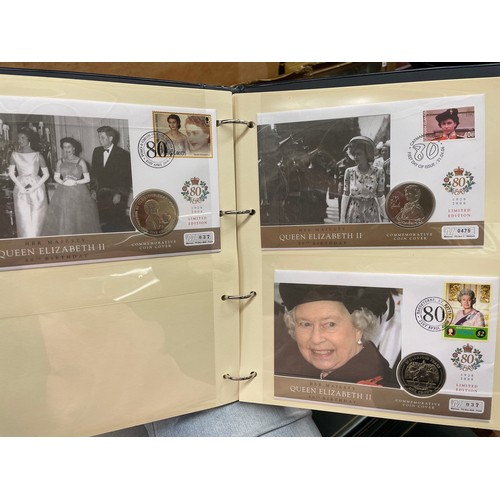 676 - FIVE A4 BINDERS OF THE QUEENS 80TH BIRTHDAY STAMP AND COIN COVER COLLECTION