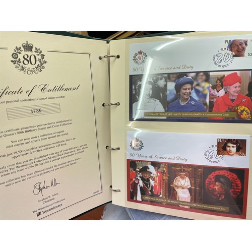 676 - FIVE A4 BINDERS OF THE QUEENS 80TH BIRTHDAY STAMP AND COIN COVER COLLECTION