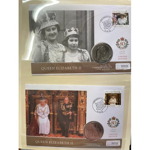 676 - FIVE A4 BINDERS OF THE QUEENS 80TH BIRTHDAY STAMP AND COIN COVER COLLECTION