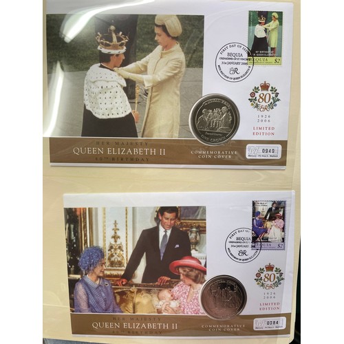 676 - FIVE A4 BINDERS OF THE QUEENS 80TH BIRTHDAY STAMP AND COIN COVER COLLECTION