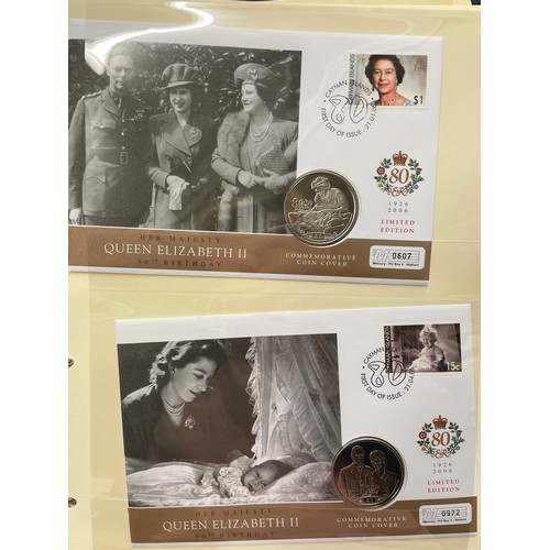 676 - FIVE A4 BINDERS OF THE QUEENS 80TH BIRTHDAY STAMP AND COIN COVER COLLECTION