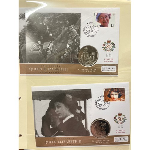 676 - FIVE A4 BINDERS OF THE QUEENS 80TH BIRTHDAY STAMP AND COIN COVER COLLECTION