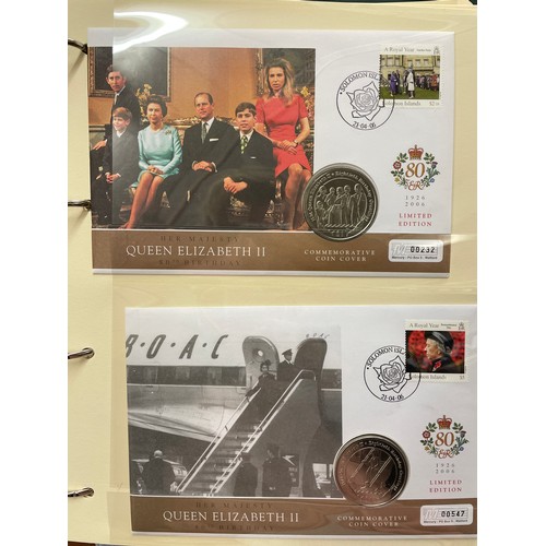 676 - FIVE A4 BINDERS OF THE QUEENS 80TH BIRTHDAY STAMP AND COIN COVER COLLECTION