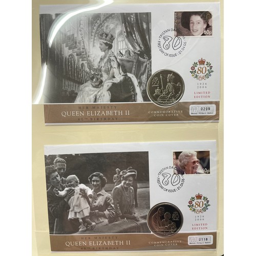 676 - FIVE A4 BINDERS OF THE QUEENS 80TH BIRTHDAY STAMP AND COIN COVER COLLECTION