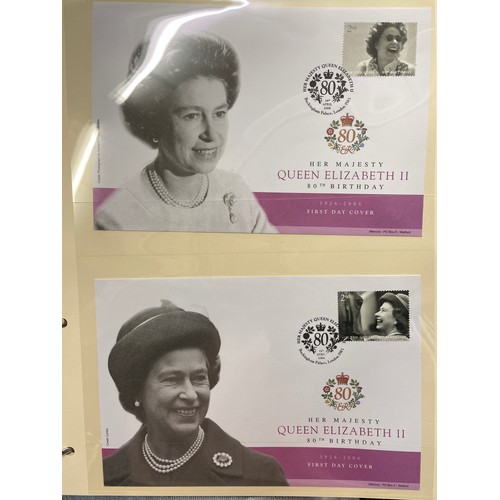 676 - FIVE A4 BINDERS OF THE QUEENS 80TH BIRTHDAY STAMP AND COIN COVER COLLECTION