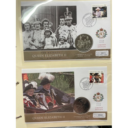 676 - FIVE A4 BINDERS OF THE QUEENS 80TH BIRTHDAY STAMP AND COIN COVER COLLECTION