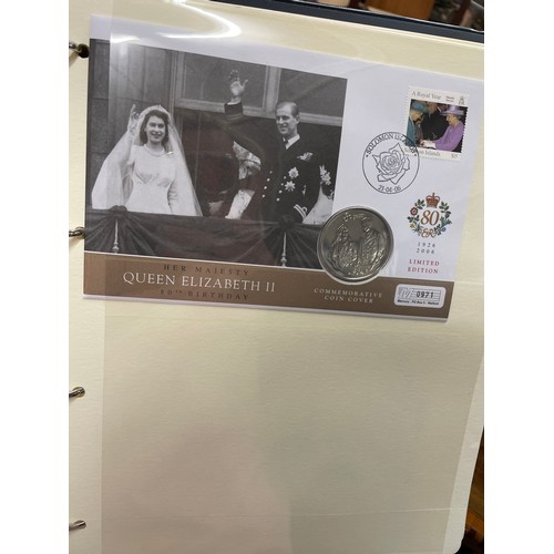 676 - FIVE A4 BINDERS OF THE QUEENS 80TH BIRTHDAY STAMP AND COIN COVER COLLECTION