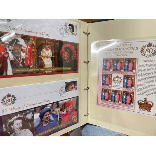 676 - FIVE A4 BINDERS OF THE QUEENS 80TH BIRTHDAY STAMP AND COIN COVER COLLECTION