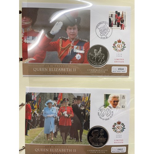 676 - FIVE A4 BINDERS OF THE QUEENS 80TH BIRTHDAY STAMP AND COIN COVER COLLECTION