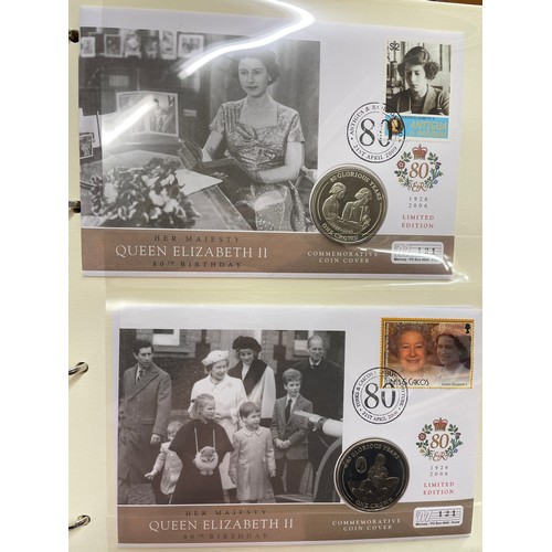 676 - FIVE A4 BINDERS OF THE QUEENS 80TH BIRTHDAY STAMP AND COIN COVER COLLECTION