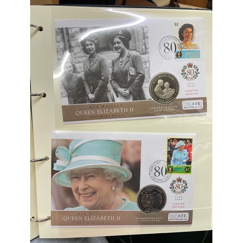 676 - FIVE A4 BINDERS OF THE QUEENS 80TH BIRTHDAY STAMP AND COIN COVER COLLECTION