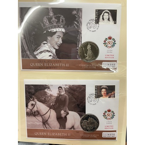 676 - FIVE A4 BINDERS OF THE QUEENS 80TH BIRTHDAY STAMP AND COIN COVER COLLECTION