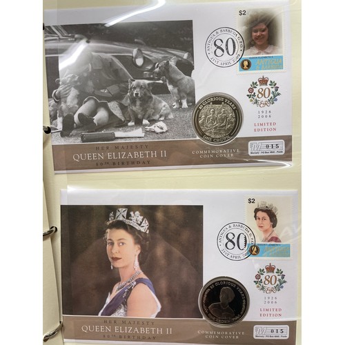 676 - FIVE A4 BINDERS OF THE QUEENS 80TH BIRTHDAY STAMP AND COIN COVER COLLECTION