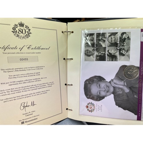 676 - FIVE A4 BINDERS OF THE QUEENS 80TH BIRTHDAY STAMP AND COIN COVER COLLECTION