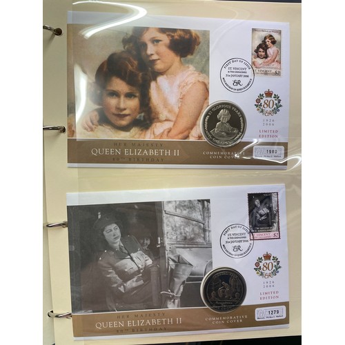 676 - FIVE A4 BINDERS OF THE QUEENS 80TH BIRTHDAY STAMP AND COIN COVER COLLECTION