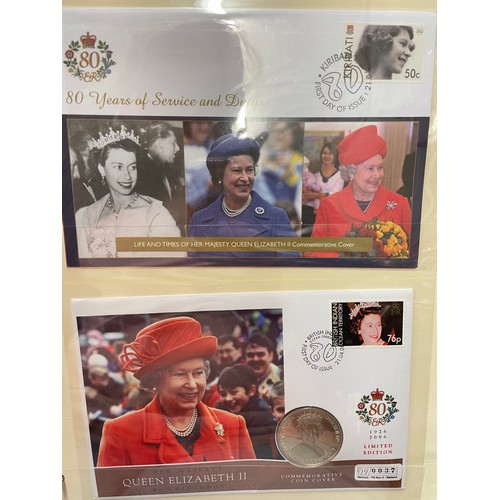 676 - FIVE A4 BINDERS OF THE QUEENS 80TH BIRTHDAY STAMP AND COIN COVER COLLECTION