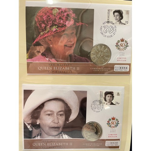 676 - FIVE A4 BINDERS OF THE QUEENS 80TH BIRTHDAY STAMP AND COIN COVER COLLECTION