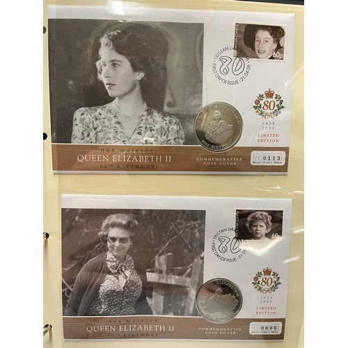 676 - FIVE A4 BINDERS OF THE QUEENS 80TH BIRTHDAY STAMP AND COIN COVER COLLECTION