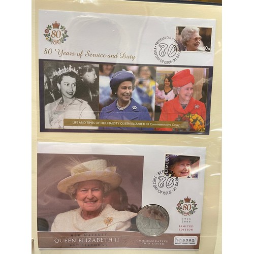 676 - FIVE A4 BINDERS OF THE QUEENS 80TH BIRTHDAY STAMP AND COIN COVER COLLECTION