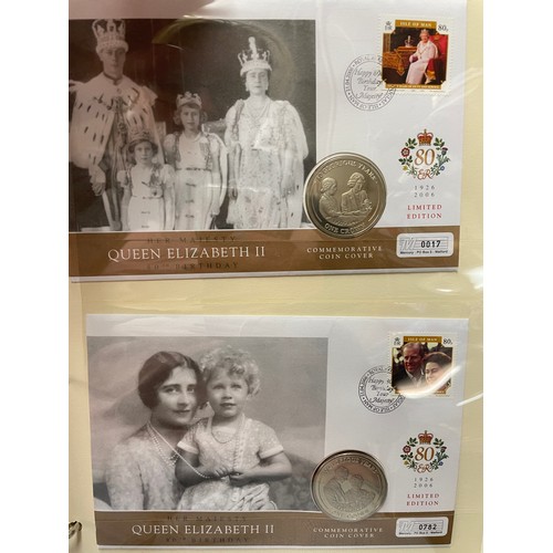 676 - FIVE A4 BINDERS OF THE QUEENS 80TH BIRTHDAY STAMP AND COIN COVER COLLECTION