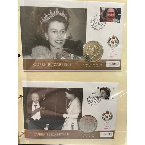 676 - FIVE A4 BINDERS OF THE QUEENS 80TH BIRTHDAY STAMP AND COIN COVER COLLECTION