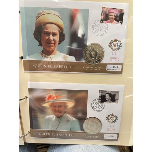 676 - FIVE A4 BINDERS OF THE QUEENS 80TH BIRTHDAY STAMP AND COIN COVER COLLECTION