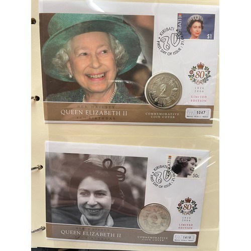 676 - FIVE A4 BINDERS OF THE QUEENS 80TH BIRTHDAY STAMP AND COIN COVER COLLECTION