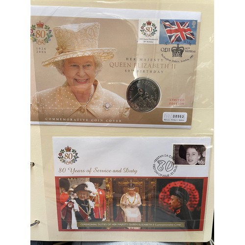 676 - FIVE A4 BINDERS OF THE QUEENS 80TH BIRTHDAY STAMP AND COIN COVER COLLECTION