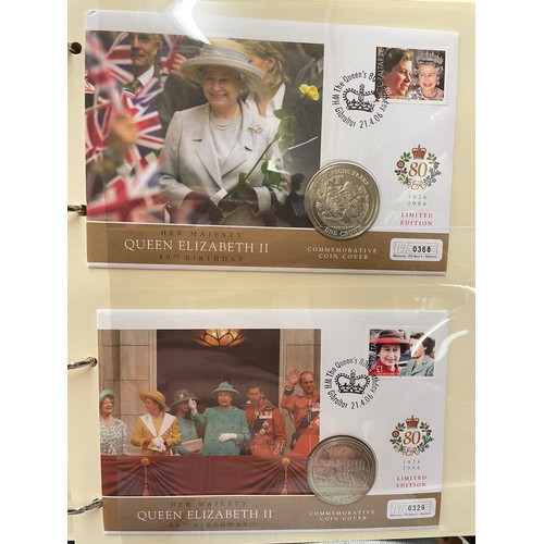 676 - FIVE A4 BINDERS OF THE QUEENS 80TH BIRTHDAY STAMP AND COIN COVER COLLECTION