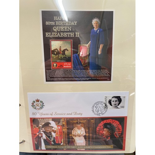 676 - FIVE A4 BINDERS OF THE QUEENS 80TH BIRTHDAY STAMP AND COIN COVER COLLECTION