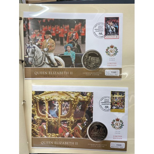 676 - FIVE A4 BINDERS OF THE QUEENS 80TH BIRTHDAY STAMP AND COIN COVER COLLECTION