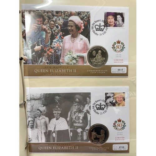 676 - FIVE A4 BINDERS OF THE QUEENS 80TH BIRTHDAY STAMP AND COIN COVER COLLECTION