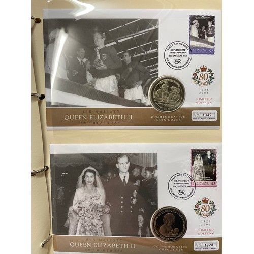 676 - FIVE A4 BINDERS OF THE QUEENS 80TH BIRTHDAY STAMP AND COIN COVER COLLECTION