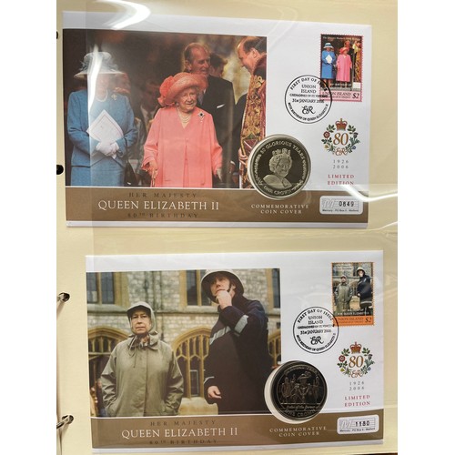 676 - FIVE A4 BINDERS OF THE QUEENS 80TH BIRTHDAY STAMP AND COIN COVER COLLECTION